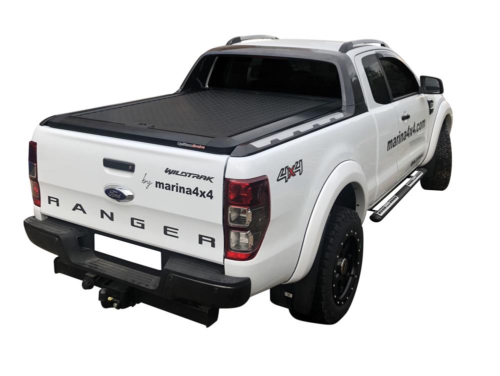 Copertura Tonneau Alluminio Nero V2 Ford Ranger Super Cab 2012+ Rullo Compatibile Wildtrack